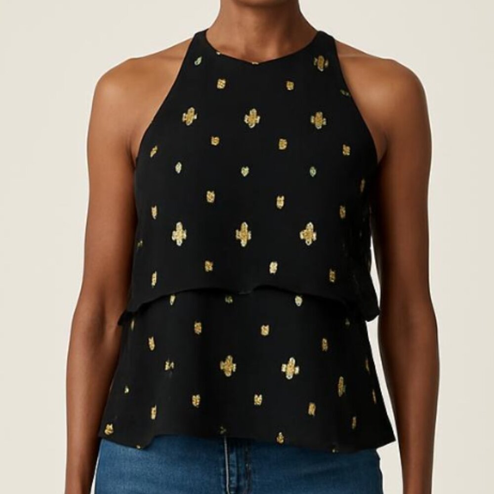 ALC Womens Sleeveless Crew Neck Metallic Print Silk Top Black Gold Size 10